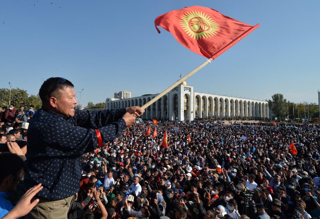 People protest against the results of a parliamentary vote in Bishkek, Kyrgyzstan