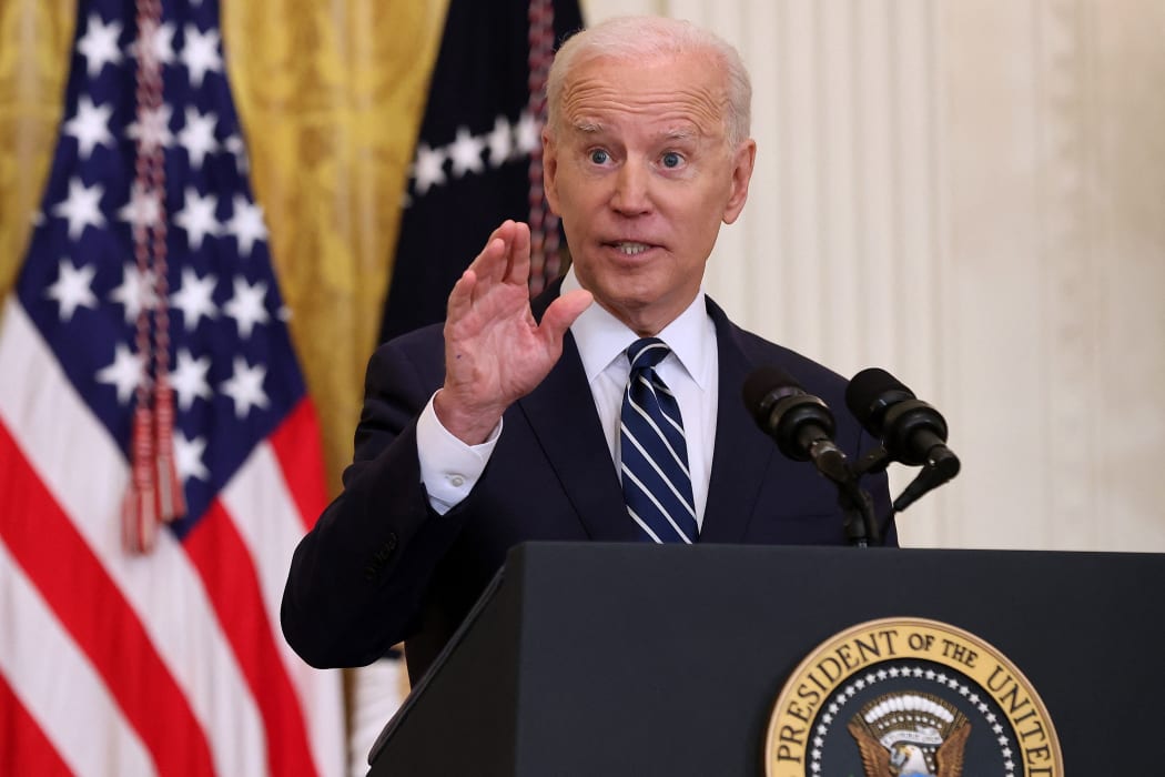 President Joe Biden talks to reporters during the first news conference of his presidency in the East Room of the White House on 25 March 2021 in Washington, DC.