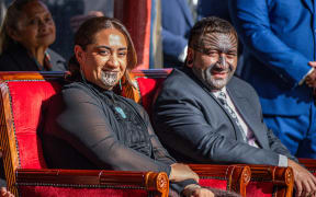 Te Arikinui Kuini Nga wai hono i te po pictured alongside her brother Korotangi Paki at her first Koroneihana celebrations. (2025)