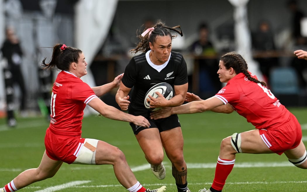 Portia Woodman-Wickliffe of the Black Ferns in action against Canada, 2025.
