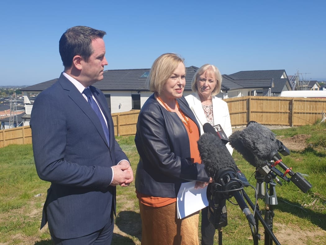 National Party leader Judith Collins, centre, with housing spokesperson Jacqui Dean and associate housing spokesperson Simon O'Connor announcing the party's housing policy.