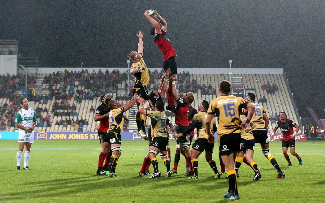 Crusaders utility forward Scott Barrett wins the ball in the lineout during his side's win over the Force.