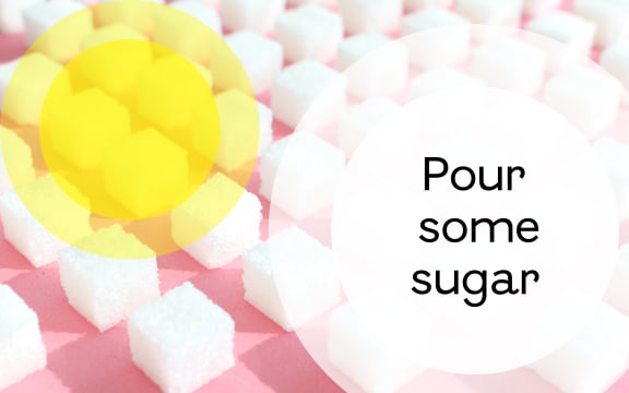 The words "Our some sugar" is superimposed over abstract shapes resembling plates and textured background.
