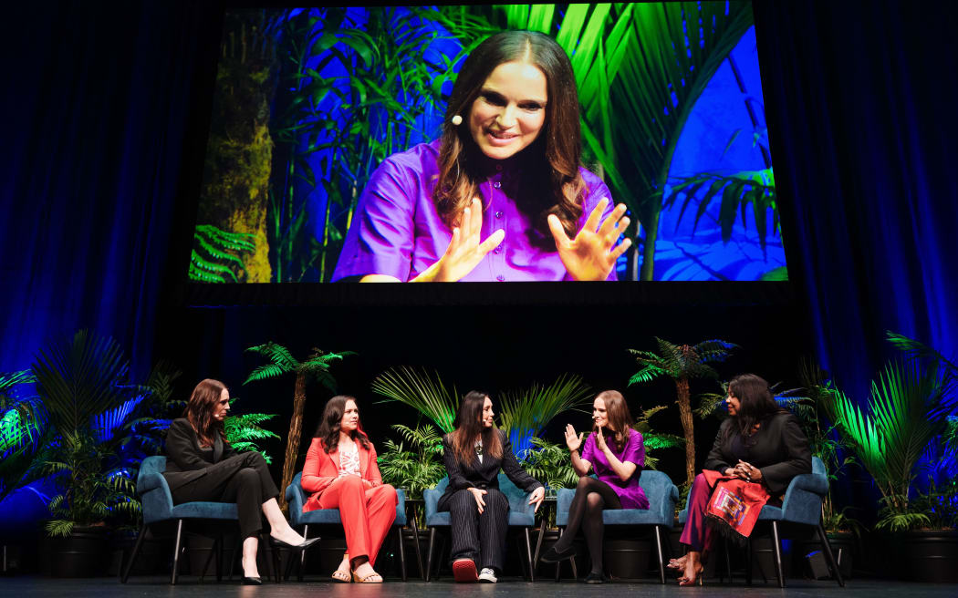 Jacinda Ardern, Ruby Tui, Natalie Portman and Moana Maniapoto at a panel discussion of women's sports in Auckland on 14 August 2023.