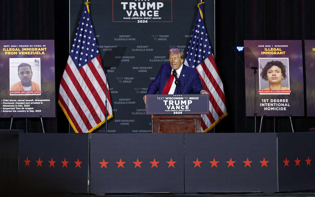 Former US President and Republican presidential candidate Donald Trump delivers remarks at the Prairie du Chien Area Arts Center in Prairie du Chien, Wisconsin, on September 28, 2024. (Photo by KAMIL KRZACZYNSKI / AFP)