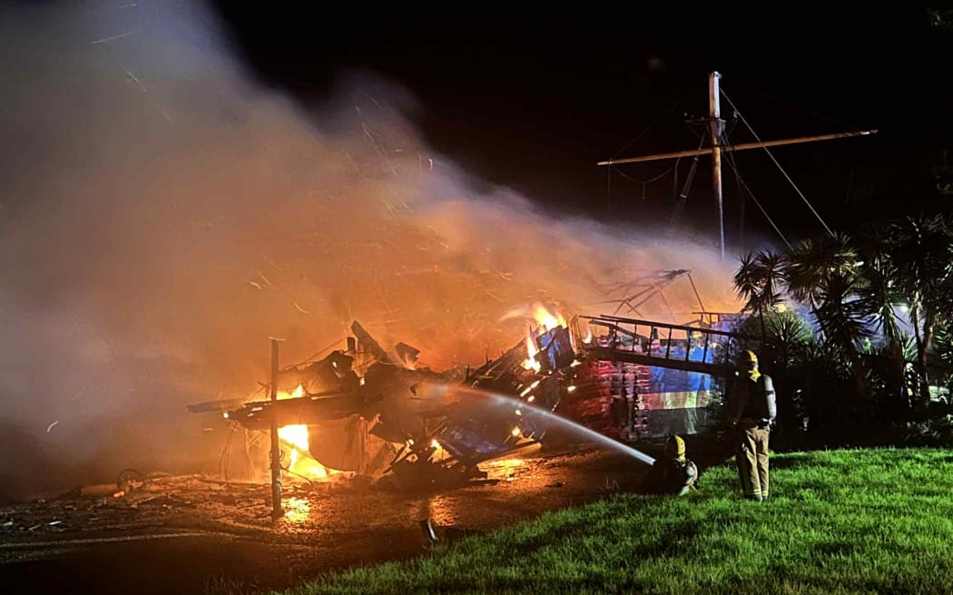 Historic ship The Tui on fire in Paihia on 4 June, 2025.