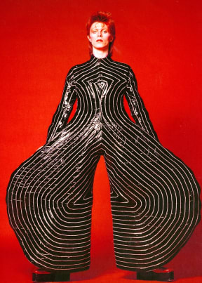 Striped Kansai Yamamoto bodysuit for Aladdin Sane tour 1973