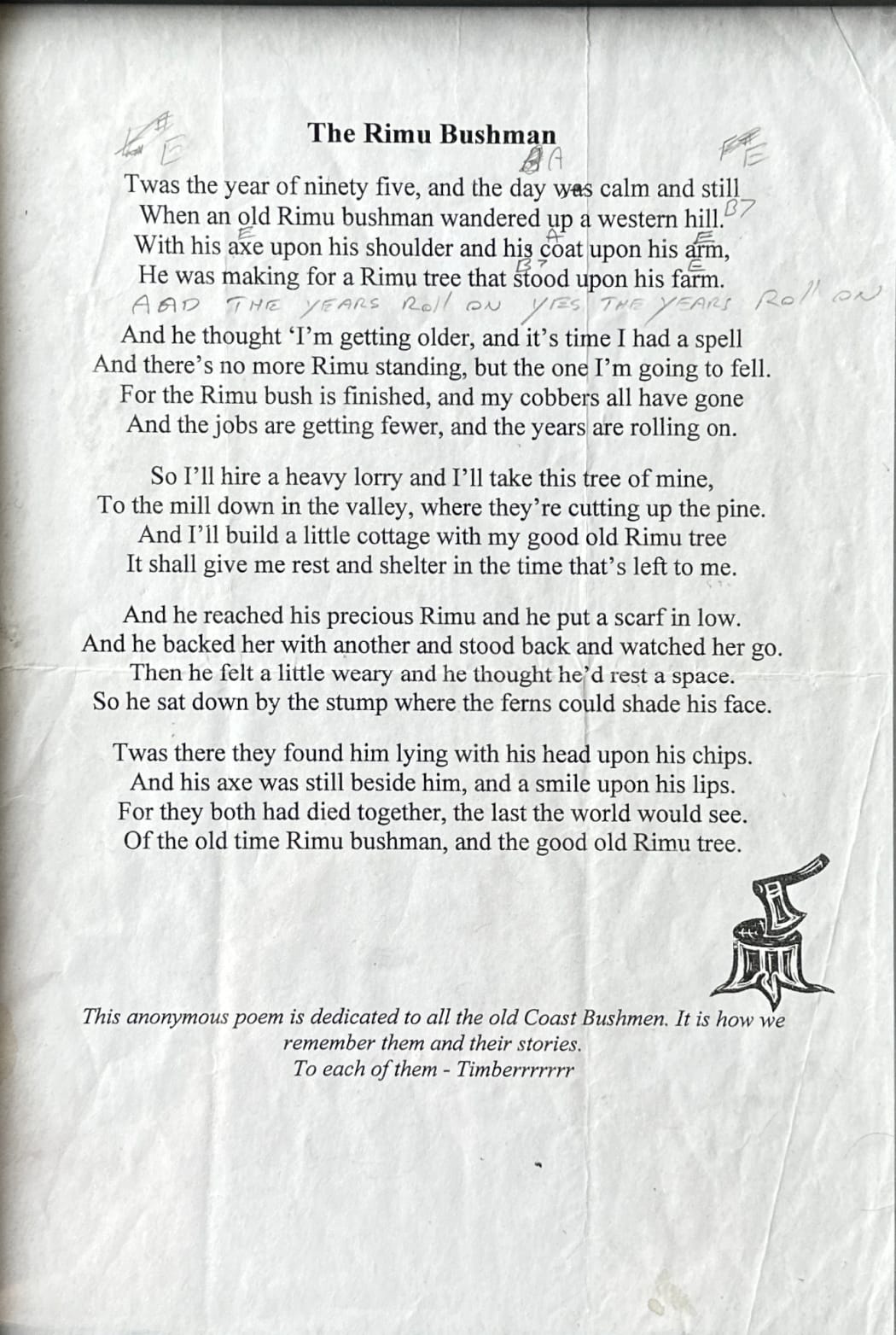 This is an image of the original poem Ron was given. It's typed out and in the bottom right hand corner there is an image of a tree stump with an axe stuck in the top of it.