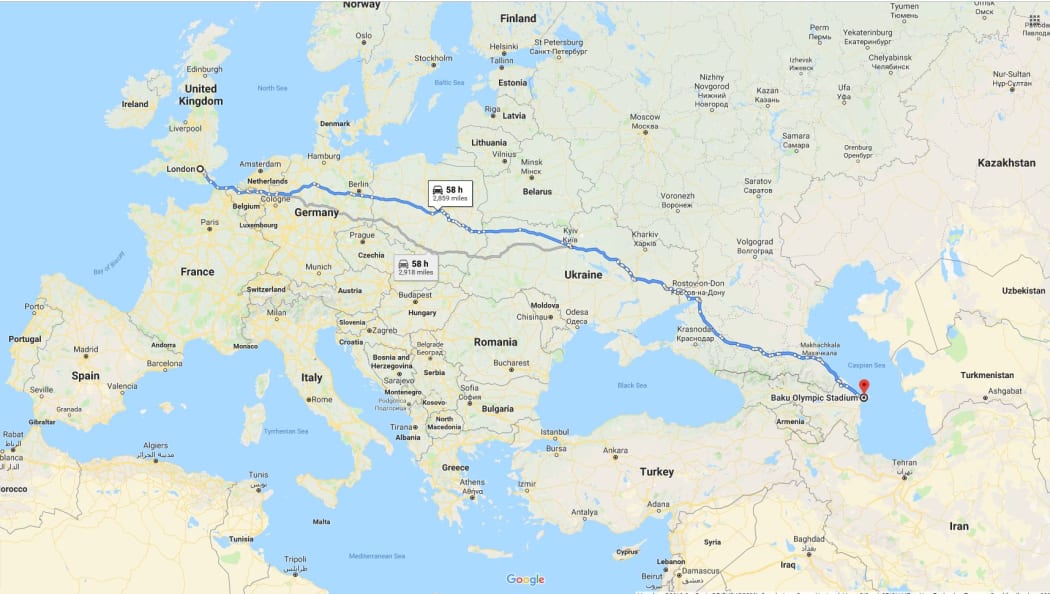 London to Baku. Europa League final distance for Chelsea and Arsenal fans.