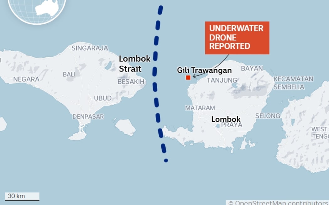 The Lombok Strait (indicated by the dotted line) is a key strategic waterway.
