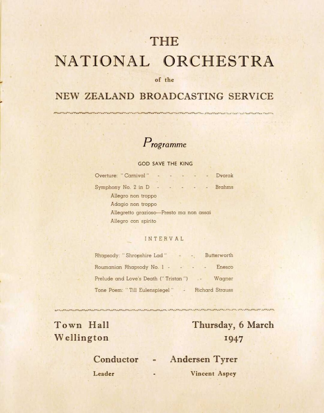 Souvenir programme from the first ever public concert given by the National Orchestra on 6 March 1947.