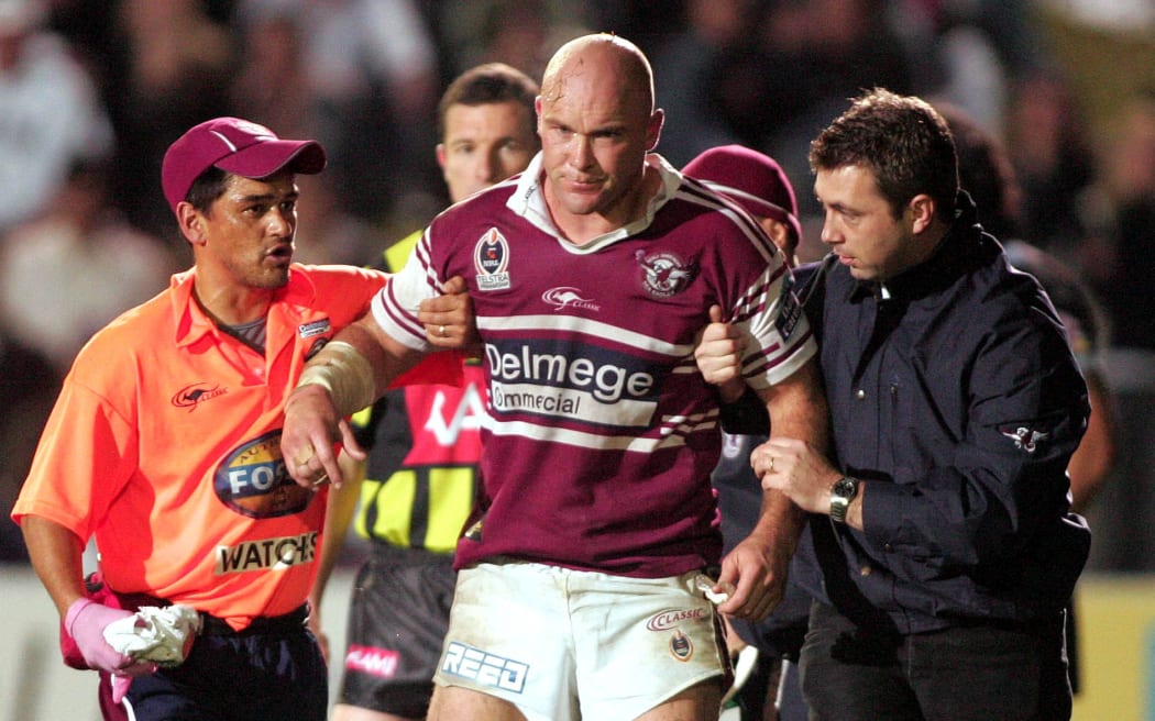 Manly forward Ben Kennedy is concussed during a match against the Warriors in 2005.