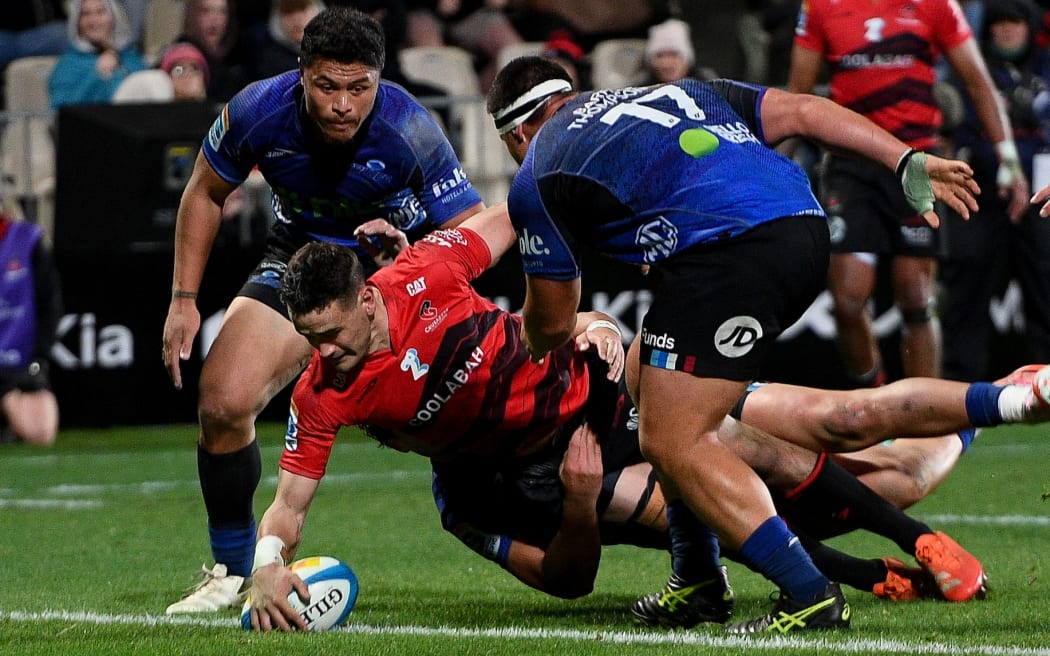 Will Jordan of the Crusaders scores a try during the Super Rugby Pacific Semi Final - Crusaders v Blues.