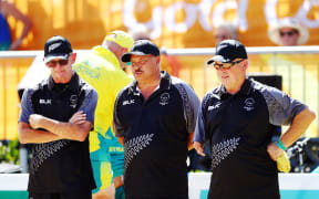 Lead Bruce Wakefield, Skip Mark Noble and Second Barry Wynks of New Zealand look on during the Para Men's Open Triples Final against Australia. Gold Coast 2018 Commonwealth Games, Lawn Bowls, Gold Coast, Australia. 12 April 2018 © Copyright Photo: Anthony Au-Yeung / www.photosport.nz