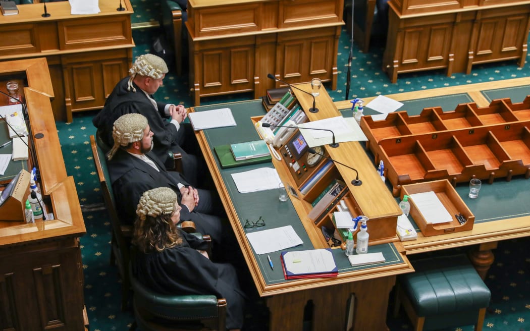 The three senior Clerks in wigs at the Comission Opening of Parliament