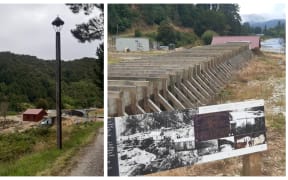 A replica of the 1888 powerhouse building (left) and the wooden flume that leads to the station (right).