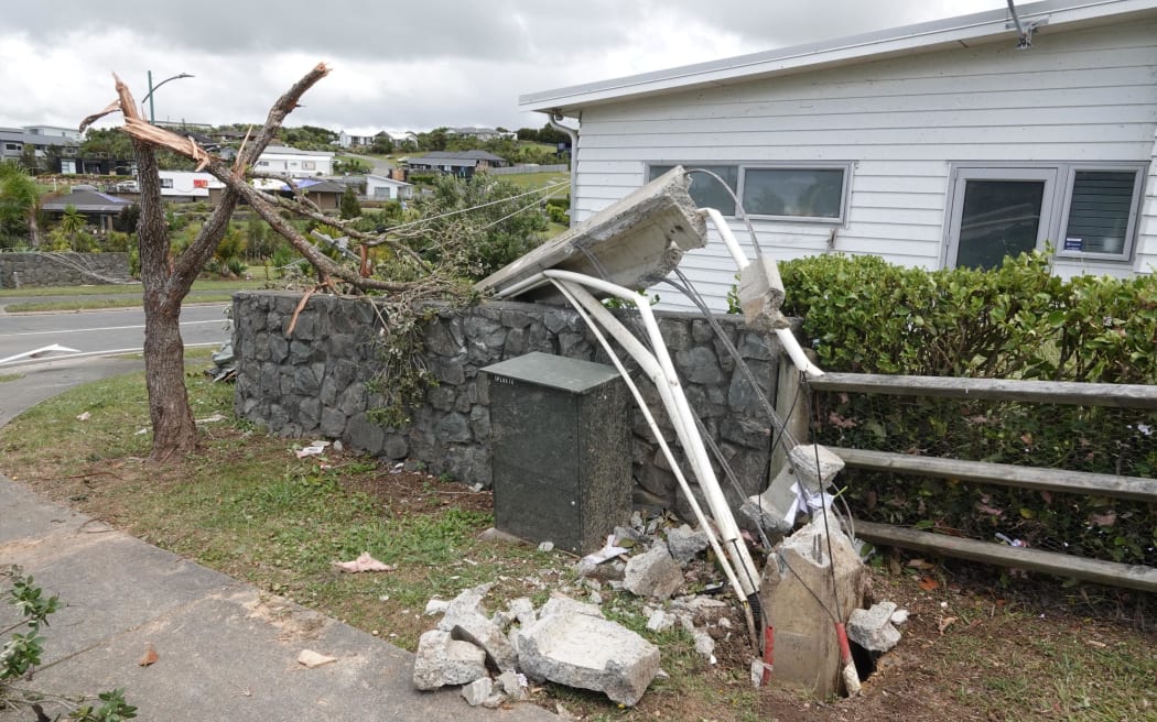 Power pole snapped off at the base, Old Waipu Rd