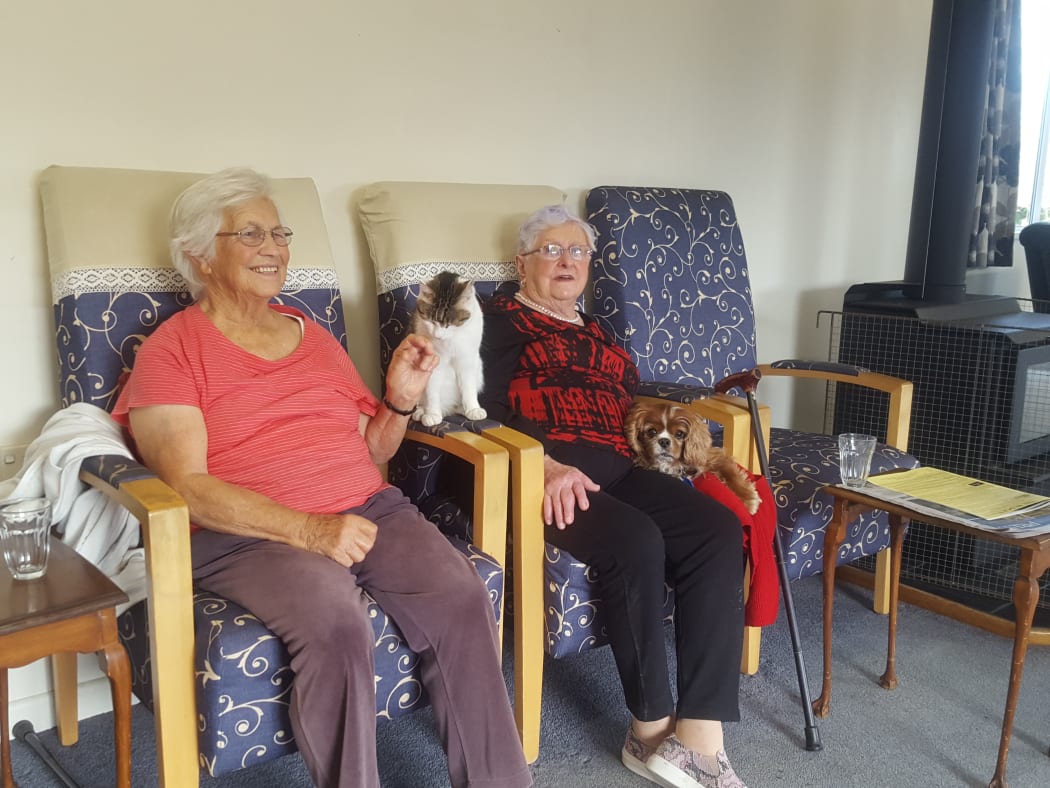 Cheviot Rest Home resident Jill Chester with Albie the cat and day visitor Aileen Hills and her dog Chippy