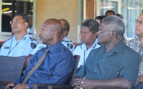 PM Sogavare and his Deputy Douglas Ete listen to speeches at GBR