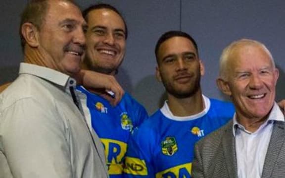 Brett Kenny (left) at the launch of the Eels' 70th anniversary jersey.