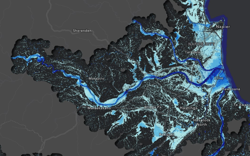 A screenshot showing the flood risk modelled across the Heretaunga Plain in Hawke's Bay, with different shades of blue representing the depth of flood waters.