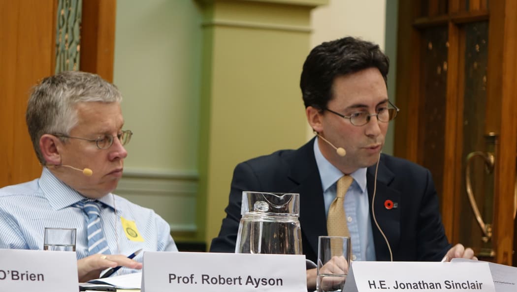 Robert Ayson (left) and Jonathan Sinclair during a panel discussion at parliament. Wellington 25 February 2015