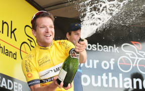 Aaron Gate celebrates his Tour of Southland title, 2016.