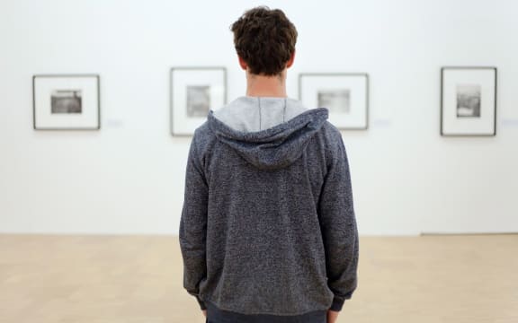 Generic shot of man looking at Museum art.