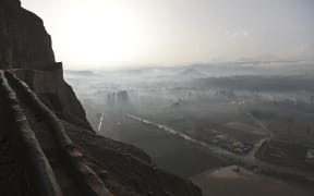 Bamiyan city seen from the hills of Salsal Buddha, the site of the Buddhas of Bamiyan statues, which were destroyed by the Taliban in 2001. March 14 2021.