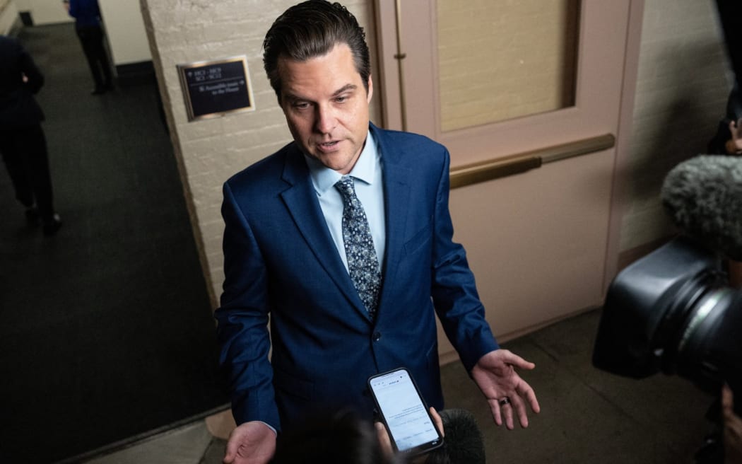 WASHINGTON, DC - OCTOBER 3: Rep. Matt Gaetz (R-FL) speaks to reporters after a House Republican caucus meeting at the U.S. Capitol October 3, 2023 in Washington, DC. U.S. Speaker of the House Kevin McCarthy's (R-CA) speakership is being challenged by a handful of conservative members of his own party lead by Rep. Matt Gaetz (R-FL) following a deal to keep the federal government from partially shutting down over the weekend.   Drew Angerer/Getty Images/AFP (Photo by Drew Angerer / GETTY IMAGES NORTH AMERICA / Getty Images via AFP)
