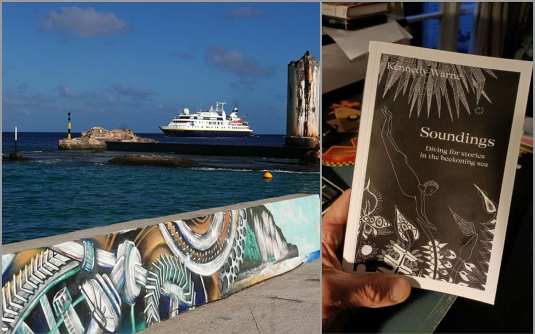 Left: National Geographic Orion at Makatea, in the Tuamotu Islands of French Polynesia. Right: Kennedy's new memoir of 20 years of underwater reporting for National Geographic.