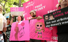 #FreeBritney activists protest at Los Angeles Grand Park during a conservatorship hearing for Britney Spears.