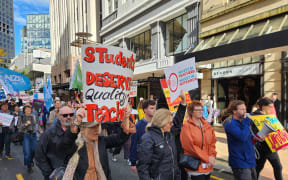 Striking teachers march through Wellington on May 10, 2023.