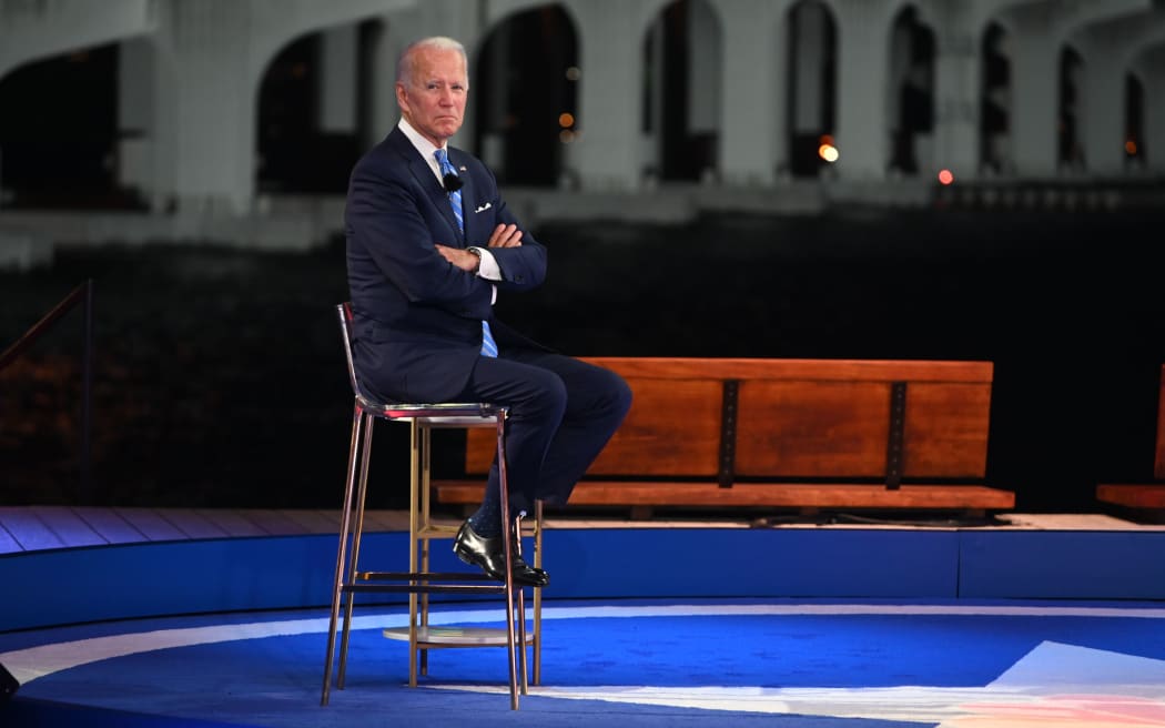 Democratic presidential nominee and former Vice President Joe Biden participates in an NBC Town Hall event at the Perez Art Museum, with the MacArthur Causeway in the background, in Miami, Florida on October 5, 2020.