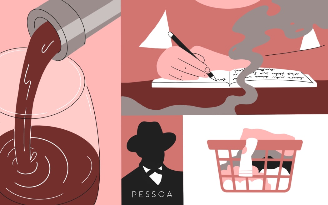 Stylised illustration collage of woman writing in notebook, wine pouring into glass, author Fernando Pessoa, and basket of unfolded laundry.