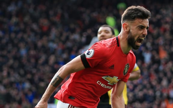 Bruno Fernandes of Man Utd celebrates a goal.