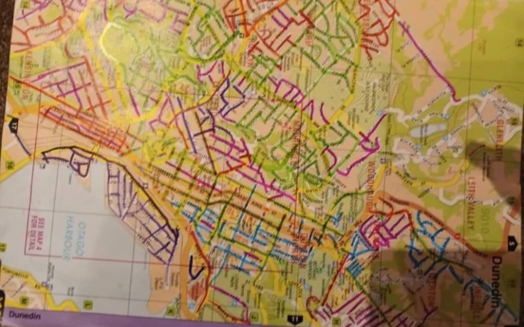 Julie Wood's map of Dunedin with the streets she has waled highlighted.