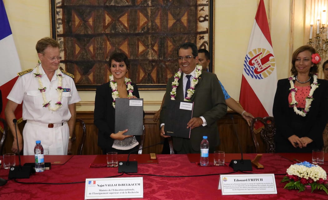 The French Education Minister Najat Vallaud-Belkacem signs convention with French Polynesian President Edouard Fritch