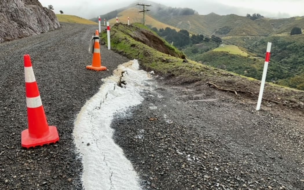 Slips or road damage on Goughs Bay Road on Bank Peninsula - road already damaged in December 21 storm