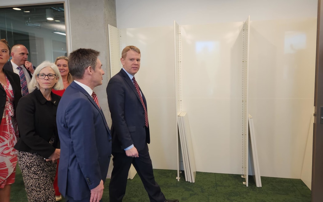 Labour Party leader Chris Hipkins is touring the Auckland University's refurbished Faculty of Education and Social Work's (EDSW) building as part of the elction campaign trail on 19 September, 2023. It has been redeveloped through the government's Covid-19 Infrastructure Recovery Fund.