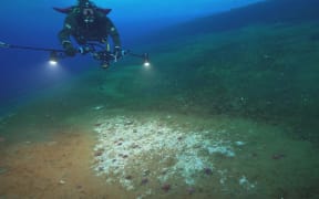 A diver in full SCUBA gear drifts in dark blue water above a sandy seafloor. The diver is holding a rig in both hands with lights illuminating the seafloor.