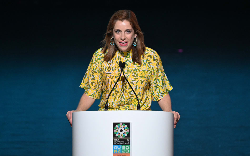 Australia's Minister for Sport Anika Wells delivers a speech during the football draw ceremony for the Australia and New Zealand 2023 FIFA Women's World Cup at the Aotea Centre in Auckland on October 22, 2022. (Photo by WILLIAM WEST / AFP)