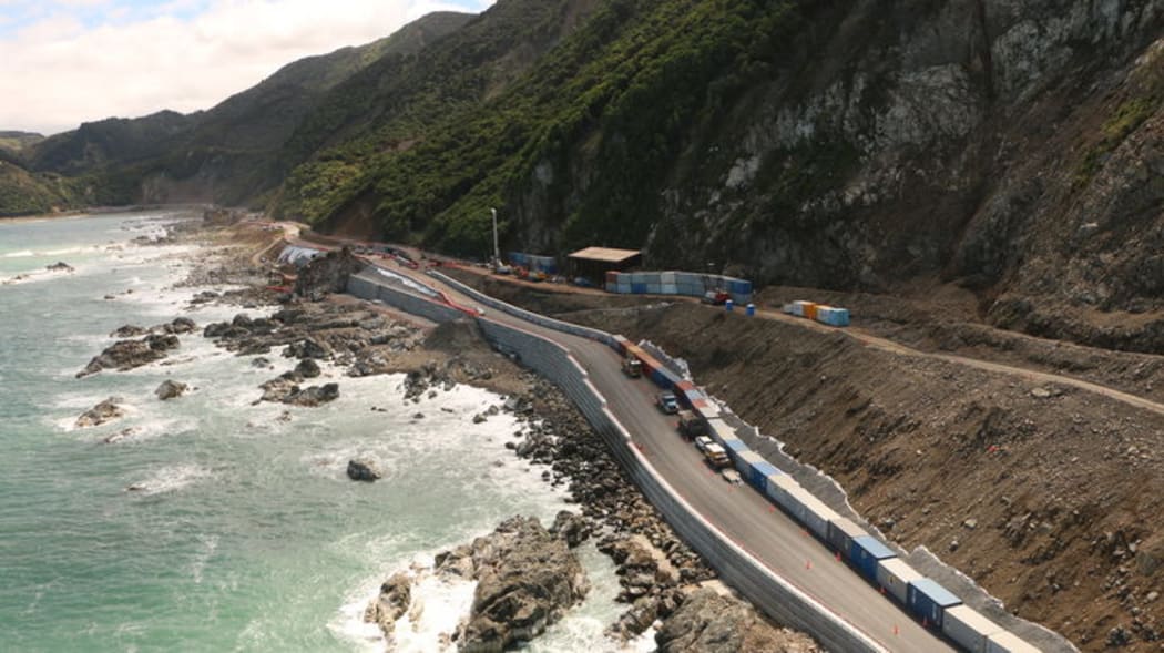 The seawall along a section of State Highway 1 north of Kaikōura.