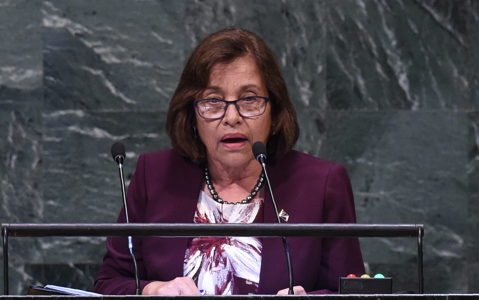 Marshall Islands' President Hilda Heine speaks at the General Assembly at the United Nations in New York.