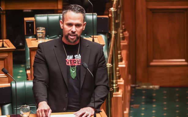 Te Pāti Māori MP Tākuta Ferris speaking during the parliamentary debate on Te Pāti Māori MPs’ punishment for Treaty Principles haka on 5 June 2025.