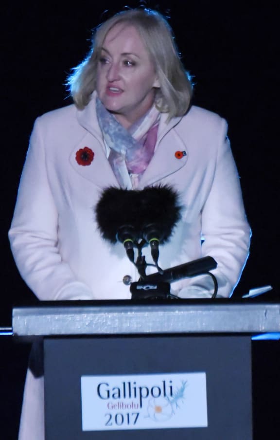 New Zealand Parliament and Minister of Justice Amy Adams speaks during the dawn service ceremony marking Anzac Day in Gallipoli on April 25, 2017 to mark the 102st anniversary of the ill-fated Gallipoli campaign in World War I.