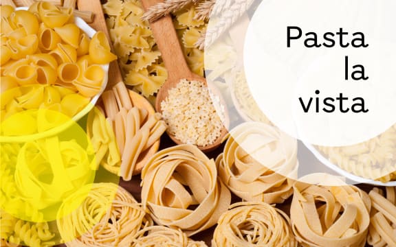The words "Pasta la Vista" is superimposed over abstract shapes resembling plates and textured background.