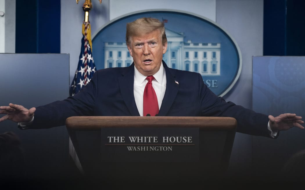 WASHINGTON, DC - APRIL 18: U.S. President Donald Trump delivers remarks during a press briefing with members of the White House Coronavirus Task Force on April 18, 2020 in Washington, DC.