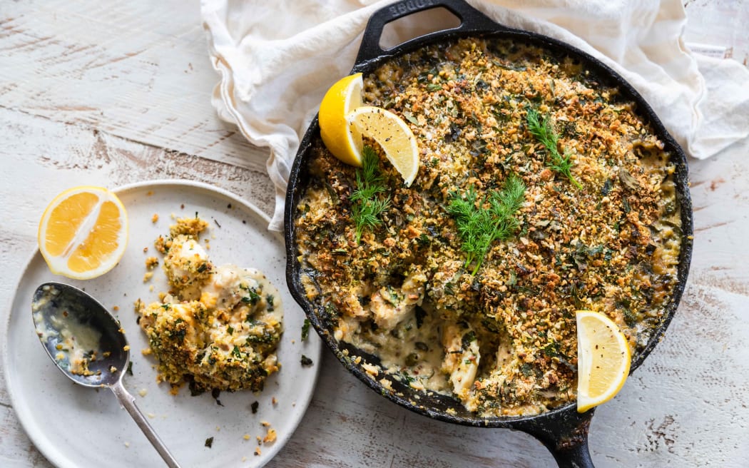 Fish pie with a pistachio and parsley crumb