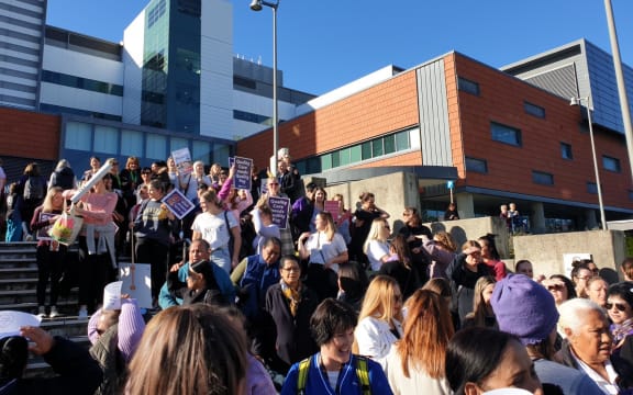Hundreds of nurses march to Civic Square after gathering outside Wellington Hospital at the beginning of their strike.